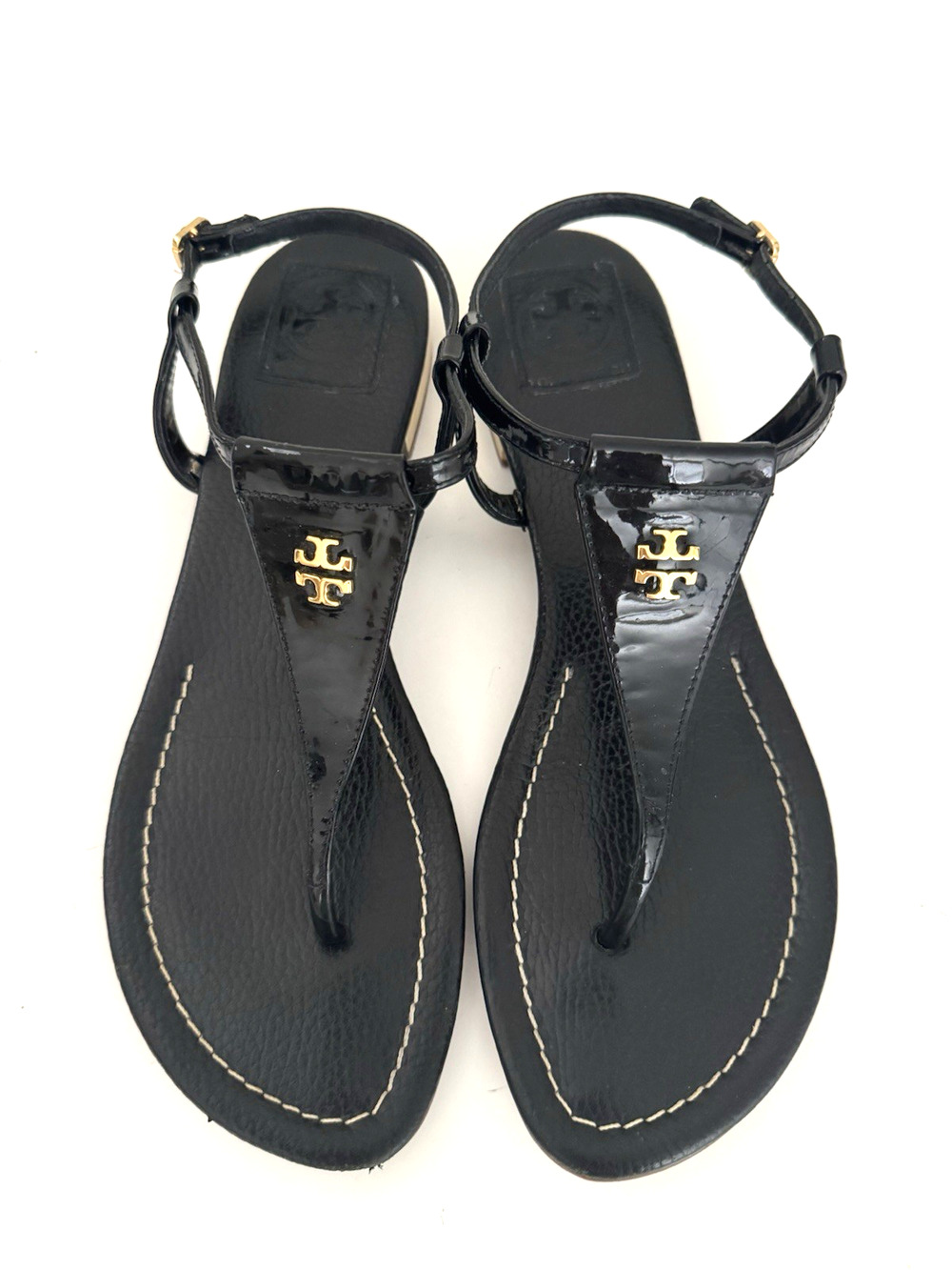 Tory Burch Brittan Sandals 9.5 Black Leather Toe-Post Ankle Straps Gold "T" Logo